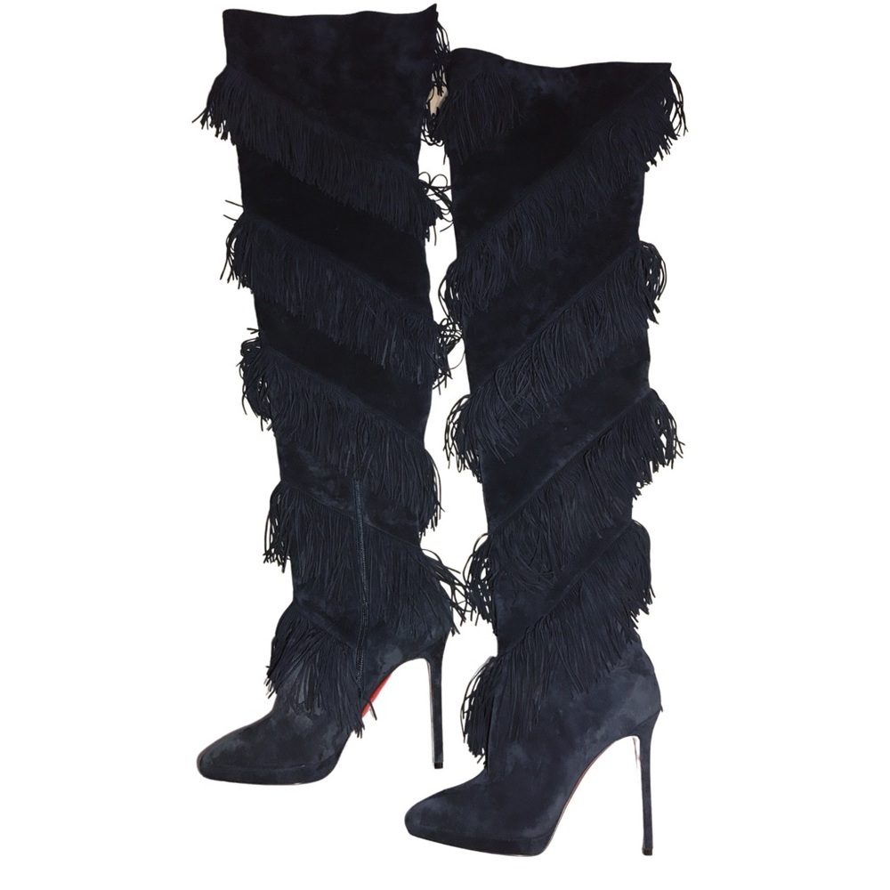 Christian Louboutin | Bolcheva Fringe Over the Knee Thigh Boot | Suede |Black|40